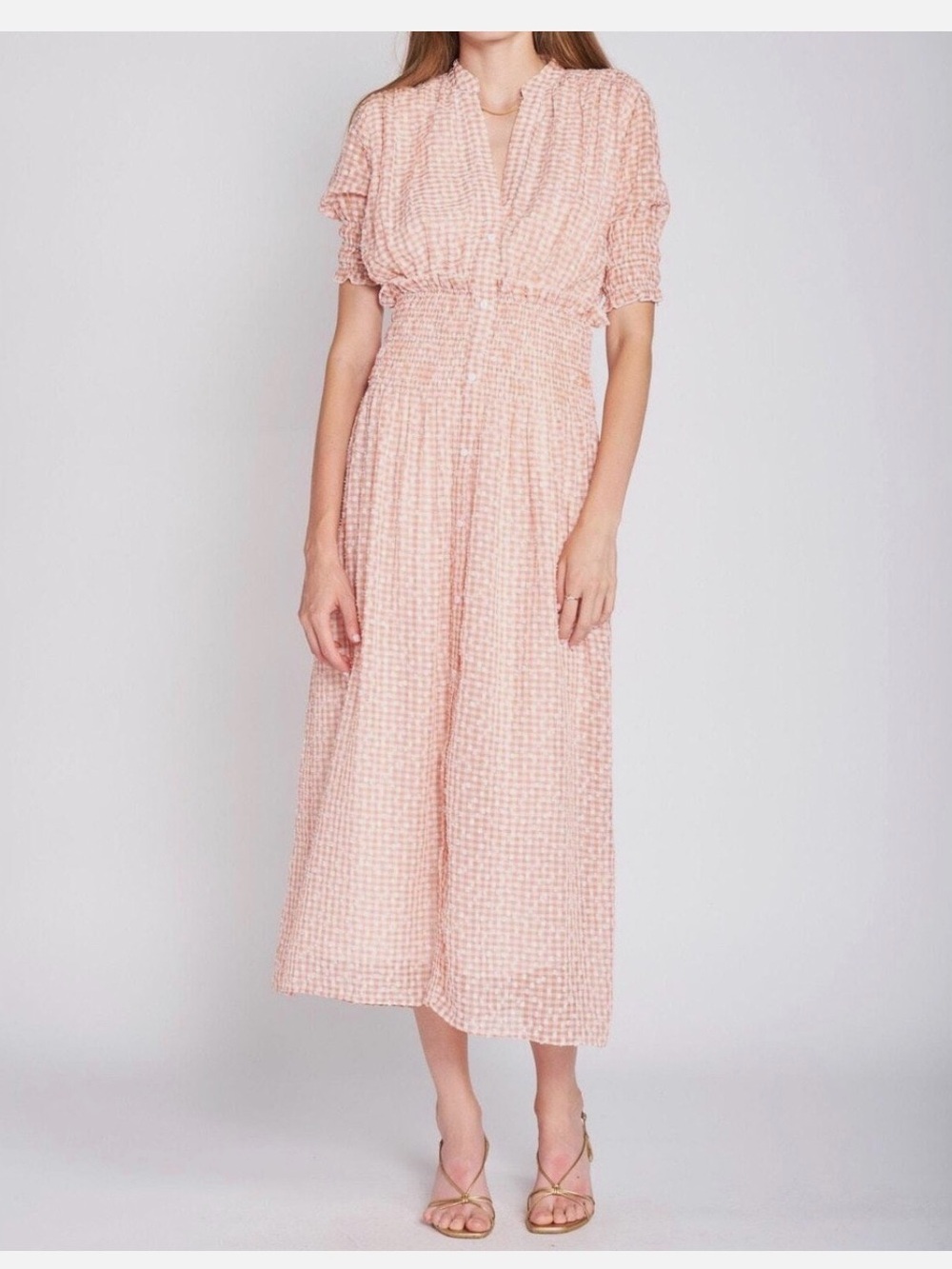 Pink Gingham Smocked Midi Dress